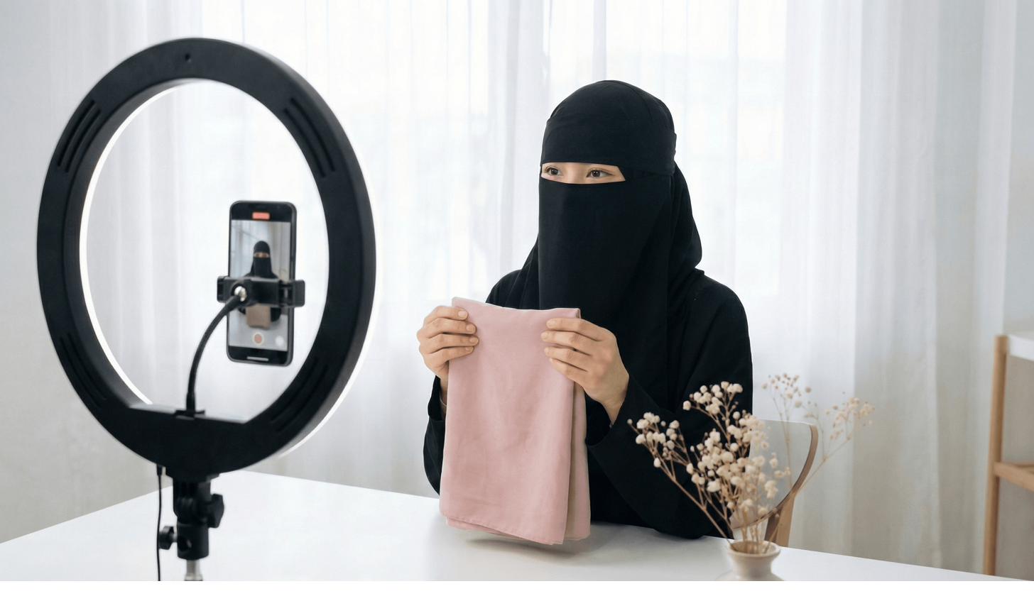 A niqabi content creator filming with a ring light and phone rig
